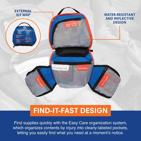 Front view: Adventure Medical Kits Mountain Series Backpacker Medical Kit, blue/orange, 96 pieces, open with pockets.