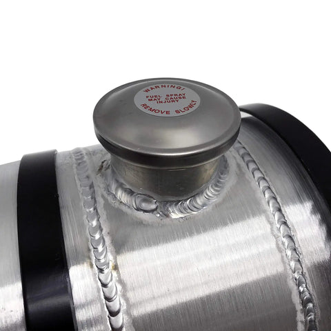 Close-up of two gallon aluminum spun round gas tank center fill cap with welded seams for trucks boats off-road