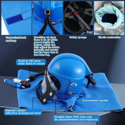 All In One Sandblaster Helmet Kit With Thermostat, Five Replacement Outer Lenses, Shoulder Protector And Hood For Sandblasting