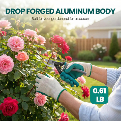 Person using Heavy Duty Pruning Shears With Kinetic Swivel Handle For No Sweat Garden Trimming on rose bush