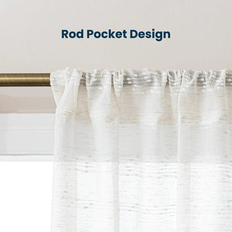 Close-up of rod pocket design on Cozy Farmhouse Polyester Linen Blend Sheer Curtains 84 Inch Long, Light Filtering Two Panels.
