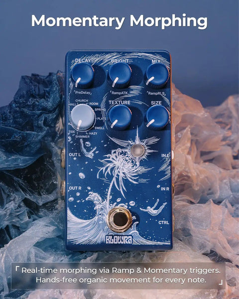 Limbo Stereo Reverb Pedal with Shimmer Tide and Freeze Nine Ambient Effects for Electric Guitar Bass and Synth on textured background