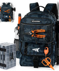 Front view of blue camo BaitSpace 50L Fishing Tackle Backpack with removable bait binder, four tackle boxes, and rod holders.