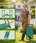 Person carrying folded 2In1 Garden Kneeler And Seat With Tool Bag, Heavy Duty Folding Stool Supports Up To 350 Lbs, Space Saving Design For Easy Gardening, Great Gift For Women And Seniors, Dark Green.