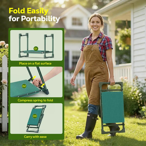 Person carrying folded 2In1 Garden Kneeler And Seat With Tool Bag, Heavy Duty Folding Stool Supports Up To 350 Lbs, Space Saving Design For Easy Gardening, Great Gift For Women And Seniors, Dark Green.