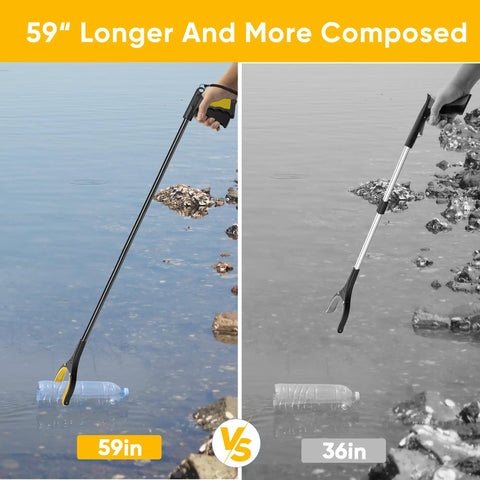 Ultra Long Grabber Reacher Tool For Easy Lifts And Reaching 59 Inch Reach With Magnetic Tip And 360 Degree Rotating Anti Slip Jaw 4 Inch Wide Claw Opening Yellow Handy Senior Helper For Home Garden And Garage