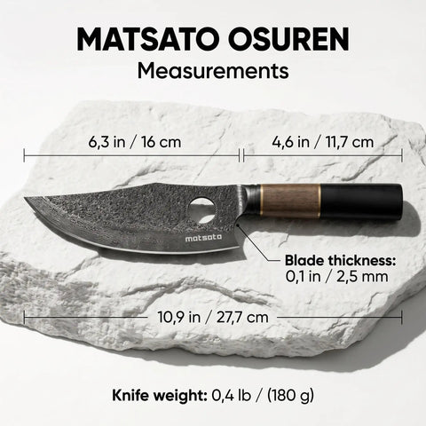 Japanese Stainless Steel Chef Knife 6.3 Inch Professional Kitchen Prep Tool Razor Sharp Blade on stone with measurements.