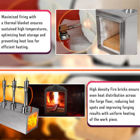 Portable Propane Forge With Triple Burners And One Side Door For Blacksmithing And Knife Making Pro Grade 2600F Rated Gas Forge In A Durable Rectangle Shape For Farrier Tools And Heavy Duty Metalwork with interior fire bricks and thermal blanket.