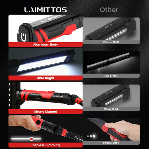 Rechargeable Magnetic LED Work Light 2500mAh Folding Flashlight For Mechanics, Aluminum Body, strong magnet, stepless dimming