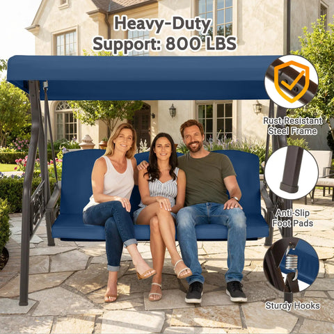 3 Seat Outdoor Porch Swing With Stand For Adults 800 Lb Weight Capacity Convertible Swing Bed With Canopy shown in garden setting