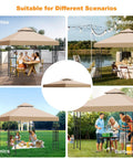 Durable 10x10 Canopy Replacement Top Cover With Double Layer Vented Sunshade, seen in outdoor settings for parties and picnics.