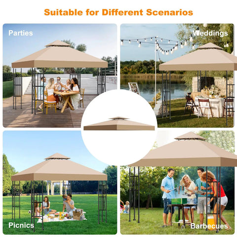 Durable 10x10 Canopy Replacement Top Cover With Double Layer Vented Sunshade, seen in outdoor settings for parties and picnics.