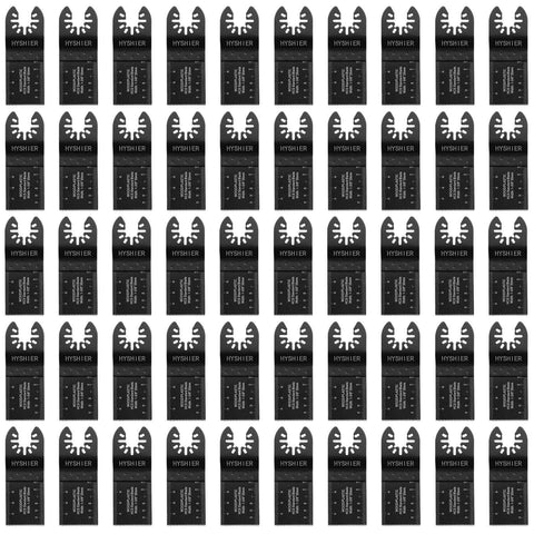 Front view of a 50-piece oscillating tool blades set for wood with universal quick-release