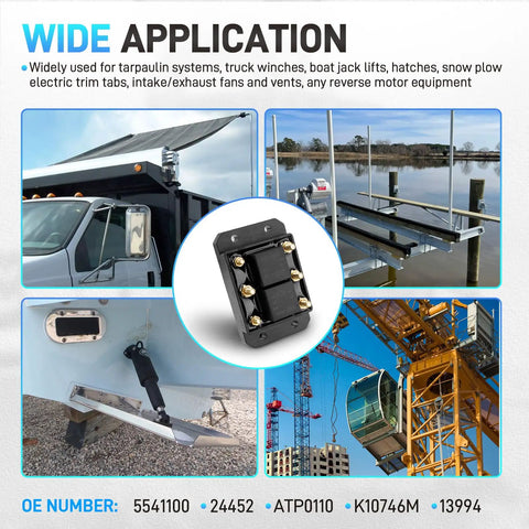 "2 Pack 12V Heavy Duty Forward and Reverse Relay Module for Motors Up to 60A to 80A Ideal for Tarpaulin Systems Winches Snow Plows Lifts Cranes and Intake Exhaust Fans and Vents Replaces 5541100; relay shown with various applications"