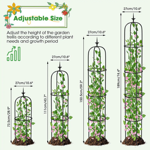 Image of Adjustable 6.2Ft Garden Trellis For Climbing Plants And Vines Rustproof Metal Plant Support in four sizes, indoor and outdoor use.