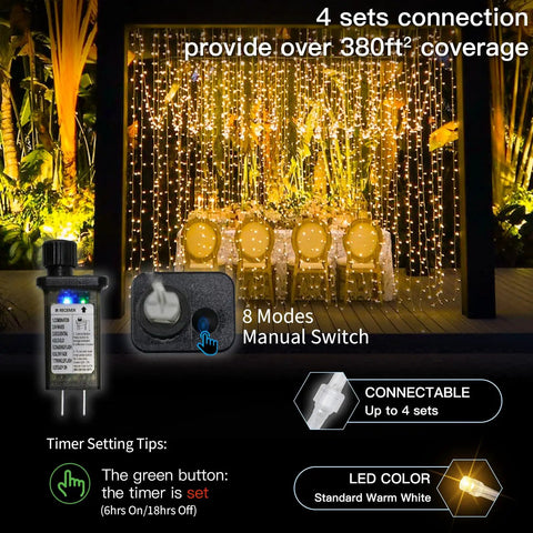Warm White Curtain String Lights 300 LEDs 9.8x9.8 Ft Plug In Backdrop illuminating outdoor seating with lush backdrop