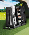 Wooden Golf Bag Organizer And Storage Cabinet For Two Bags With Drawers And Side Club Holders Keeps 12 Clubs Shoes Balls And Gear Neatly In A Modern Black Wood Cabinet For Home Garage Or Clubhouse