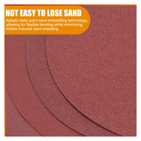 Heavy Duty 6 Inch Sanding Discs P180 Grit Aluminum Oxide Paper stacked showing texture for wood metalworking and polishing tools.