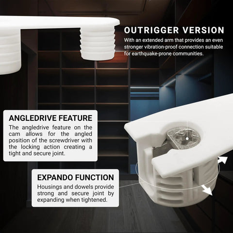 100 Pack Dead Reliable Cam Connectors For 19 Mm Panels With Ridge Drop In Cam Lock Nut Furniture Fasteners White Finish Outrigger Version close-up of cam connector and angle drive features.
