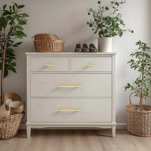 White dresser with Gold Cabinet Pulls 5 Inch Center To Center 6.4 Inch Overall Length Brushed Gold Drawer Hardware for Cabinets
