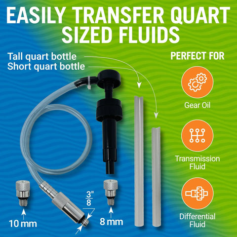 Lower Unit Gear Oil Pump For Boats Quart Bottle Lube Transfer Marine Transmission Fluid Rear Differential Service Winterizing Kit With Two Hoses No Mess Spill Free Operation Easy To Use showing pump, hoses, and adaptors