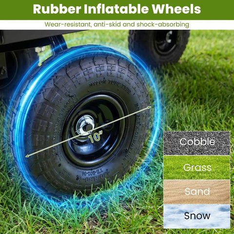 10 inch all terrain pneumatic tire of heavy duty metal garden cart with 880 lb load capacity, shown on grass surface