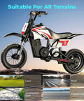 Kids Electric Dirt Bike 36V With 16 MPH Top Speed And 14 Mile Range 700W Peak Power Three Speed Modes UL 2272 Certified shown on terrain