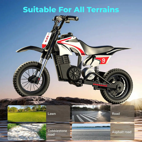 Kids Electric Dirt Bike 36V With 16 MPH Top Speed And 14 Mile Range 700W Peak Power Three Speed Modes UL 2272 Certified shown on terrain