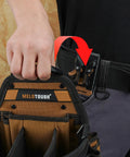 Premium 3 Pack Slick Quick Release Belt Clips For Tool Pouch Drill Holster No Sweat Snap On Off Attaches To Any 3 Inch Belt Or Wall Mount Grab And Go Tradesman Gear Rack Khaki affixed to a tool pouch on a work belt.