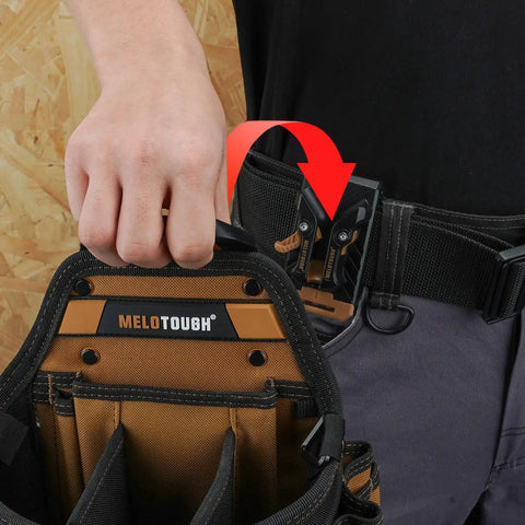 Premium 3 Pack Slick Quick Release Belt Clips For Tool Pouch Drill Holster No Sweat Snap On Off Attaches To Any 3 Inch Belt Or Wall Mount Grab And Go Tradesman Gear Rack Khaki affixed to a tool pouch on a work belt.