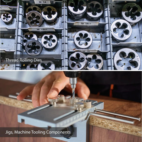 Thread rolling dies and jigs with drill, tools for machine tooling components.