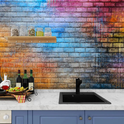Peel And Stick Graffiti Wallpaper Roll 144 Inch Wide By 100 Inch High Self Adhesive Colorful Wall Mural in kitchen setting.