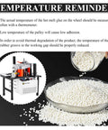 Heavy Duty Hot Melt Edge Banding Adhesive 11 Lb Pellets for Furniture Cabinet Sealing shown in glass bowl with adhesive machine.