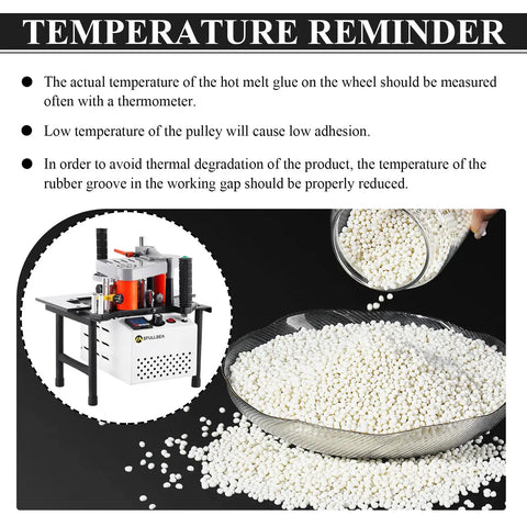 Heavy Duty Hot Melt Edge Banding Adhesive 11 Lb Pellets for Furniture Cabinet Sealing shown in glass bowl with adhesive machine.