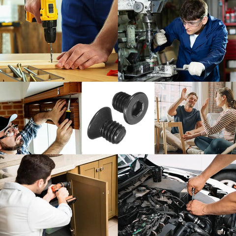 Top Shelf Grade Ten Point Nine Flat Head Socket Cap Screws 10-32 X Quarter Inch Hex Drive Machine Bolts Black Oxide Coarse Unc Killer Grip shown in various usage scenarios.