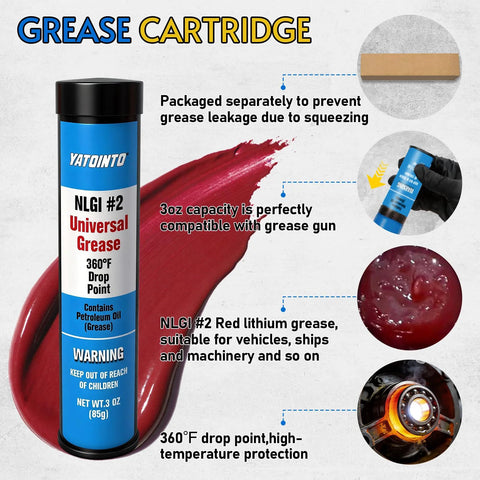 Front view of YATOINTO NLGI #2 Universal Grease cartridge in blue tube with black cap, 3 oz capacity