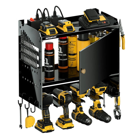 Power Tool Organizer With Charging Station And Cabinet Pro Grade Heavy Duty Metal Wall Mount Rack For Workshop 4 Drill Holders