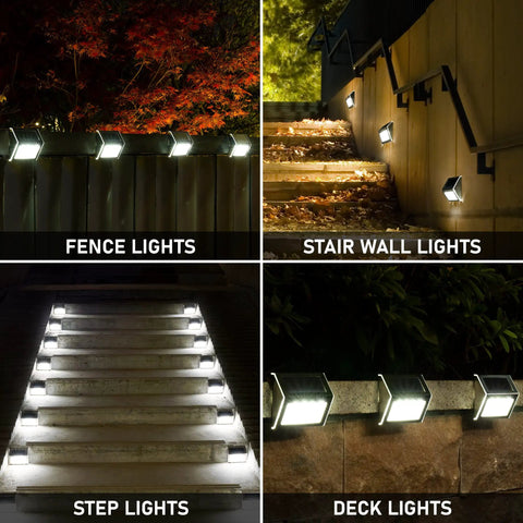 12 Pack Solar Fence Lights With Four LEDs, Waterproof Outdoor Deck Stairway Pathway Garden Lighting, solar on stairs