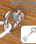 Close-up of M8 X 30mm Eye Bolt in use with rope, nuts, and washers on wood surface, assembly guide visible. Four-piece stainless steel set.