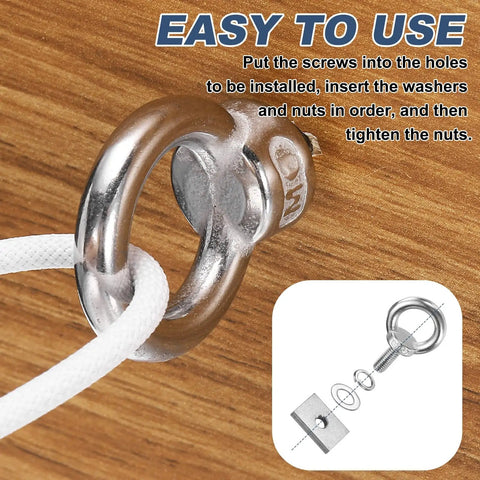 Close-up of M8 X 30mm Eye Bolt in use with rope, nuts, and washers on wood surface, assembly guide visible. Four-piece stainless steel set.