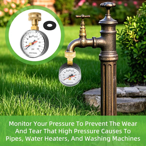 High Accuracy Zero To Two Hundred Psi Water Pressure Gauge For Home Faucets And Garden Hoses With Red Indicator installed on outdoor spigot