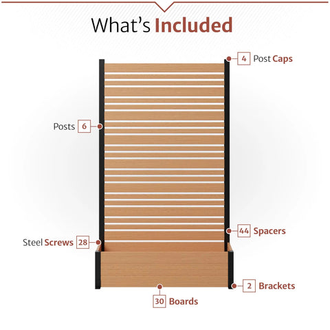 Six Foot High Freestanding Privacy Screen With Planter Box For Patio Three Point Eight Foot Wide Cedar Color Outdoor Wall Includes Steel Screws, Brackets, and Boards
