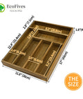 Acacia Kitchen Drawer Organizer With Grooved Dividers, 6 Slot Silverware And Utensil Tray, size details displayed