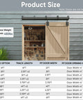 Exterior Box Rail Barn Door Hardware Kit Five Foot Black Sliding Track System For Wall Mount Heavy Duty Supports Doors Up To 450 Lbs And 1 3/8 To 1 3/4 Inch Thick Door Not Included shown on shed with size chart.