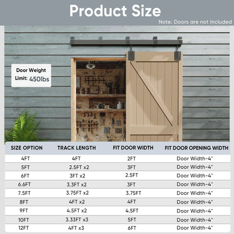 Exterior Box Rail Barn Door Hardware Kit Five Foot Black Sliding Track System For Wall Mount Heavy Duty Supports Doors Up To 450 Lbs And 1 3/8 To 1 3/4 Inch Thick Door Not Included shown on shed with size chart.