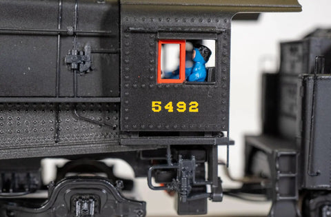 Close-up of HO Scale PRR K4 Steam Locomotive Number 5492 Pre War With Slat Pilot DCC Sound Equipped showing cab details.
