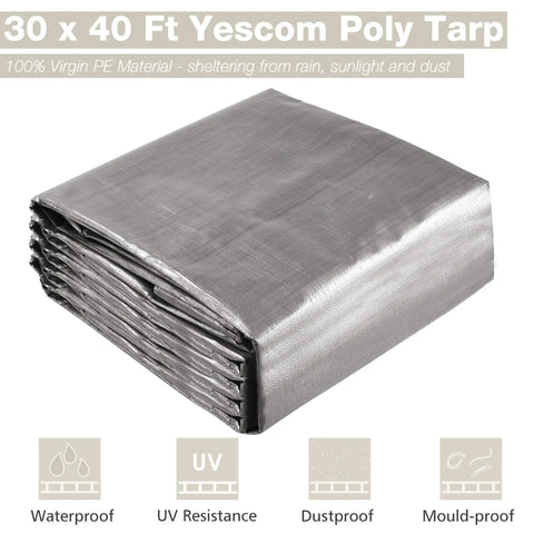 Heavy Duty 30x40 Ft Tarp Waterproof 10 Mil Tarpaulin With Eyelets, showing folded silver tarp with reinforced corners.