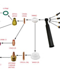Components of Extensive TIG Gas Lens Collet Bodies Kit For SR WP Series Weld Torch Including Glass Cup Clear Quartz, Alumina Nozzles