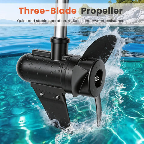 Badass 58 Lbs Brushless Electric Trolling Motor With Stepless Speed Control And 30 Inch Shaft And LED Battery Indicator showing three-blade propeller in water.