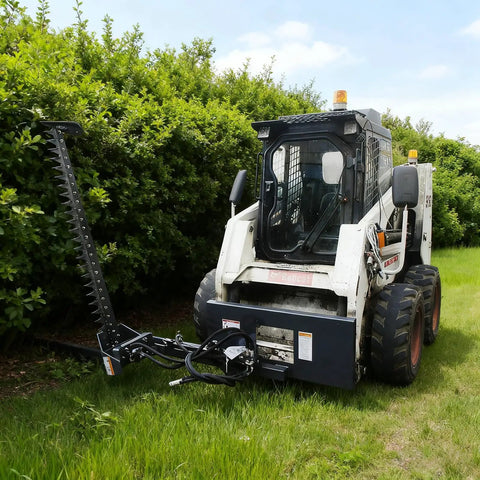 Skid steer with Beast Mode Sickle Bar Mower, 72-inch cutting length, 0.8-inch capacity for thick grass, weeds, saplings.